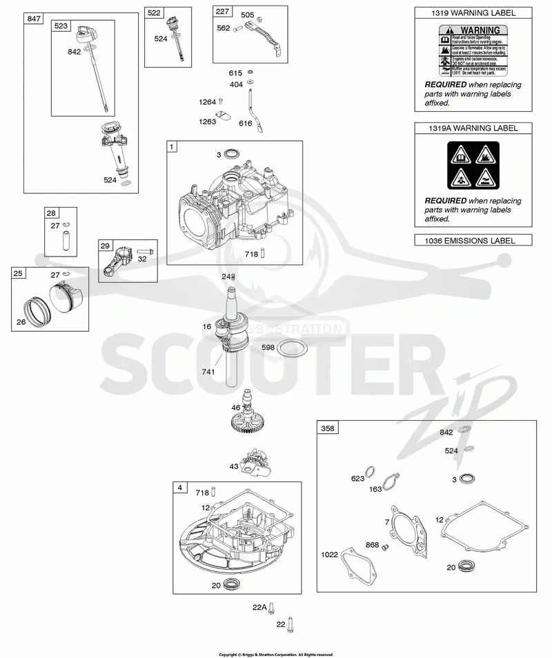 Camshaft, Crankshaft, Cylinder, Gasket Set, Piston/Rings/Connecting Rod, Sump, Warning Label