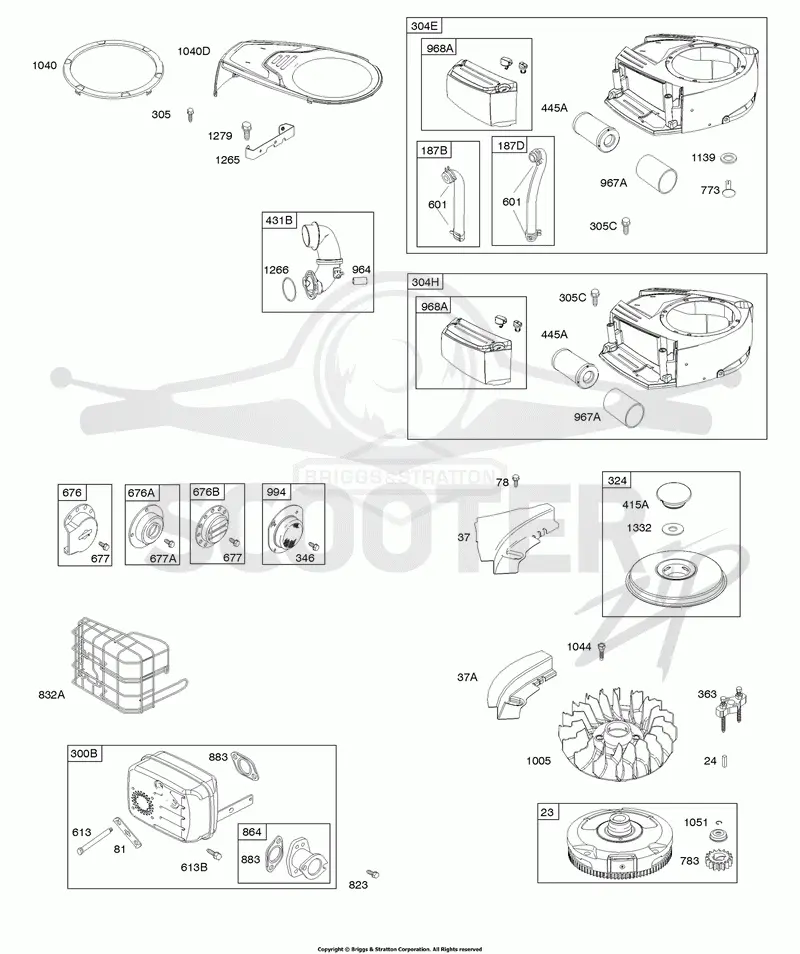 AIR CLEANER, BLOWER HOUSING, EXHAUST SYSTEM, FLYWHEEL, READY START