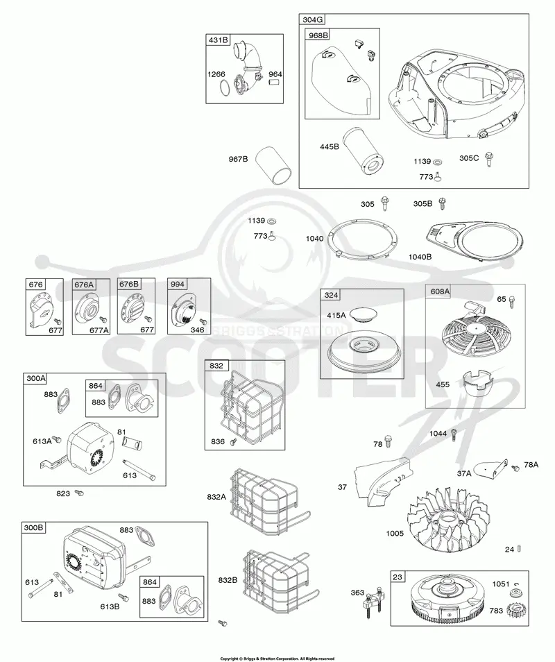 AIR CLEANER, BLOWER HOUSING, TRIM RNG, EXHAUST SYSTEM, FLYWHEEL