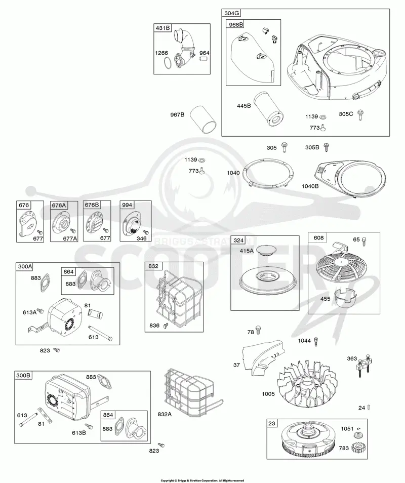 AIR CLEANER, BLOWER HOUSING, TRIM RNG, EXHAUST SYSTEM, FLYWHEEL