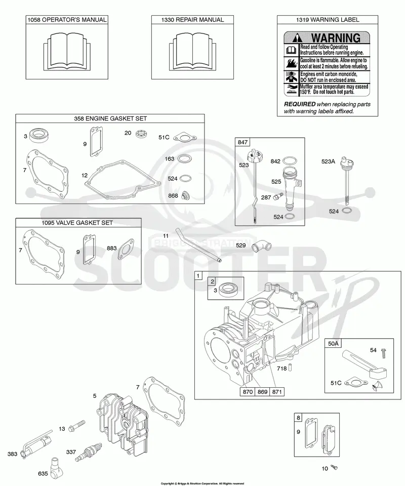 Cylinder, Cylinder Head, Gasket Set - Engine, Gasket Set - Valve, Lubrication, Operators Manual, Warning Label