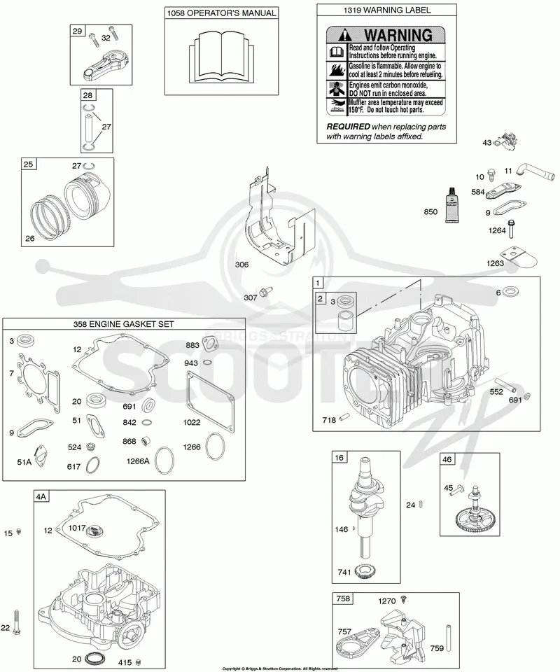 Camshaft, Crankshaft, Cylinder, Engine Sump, Gasket Set - Engine, Operators Manual, Piston, Rings, Connecting Rod, Warning Label
