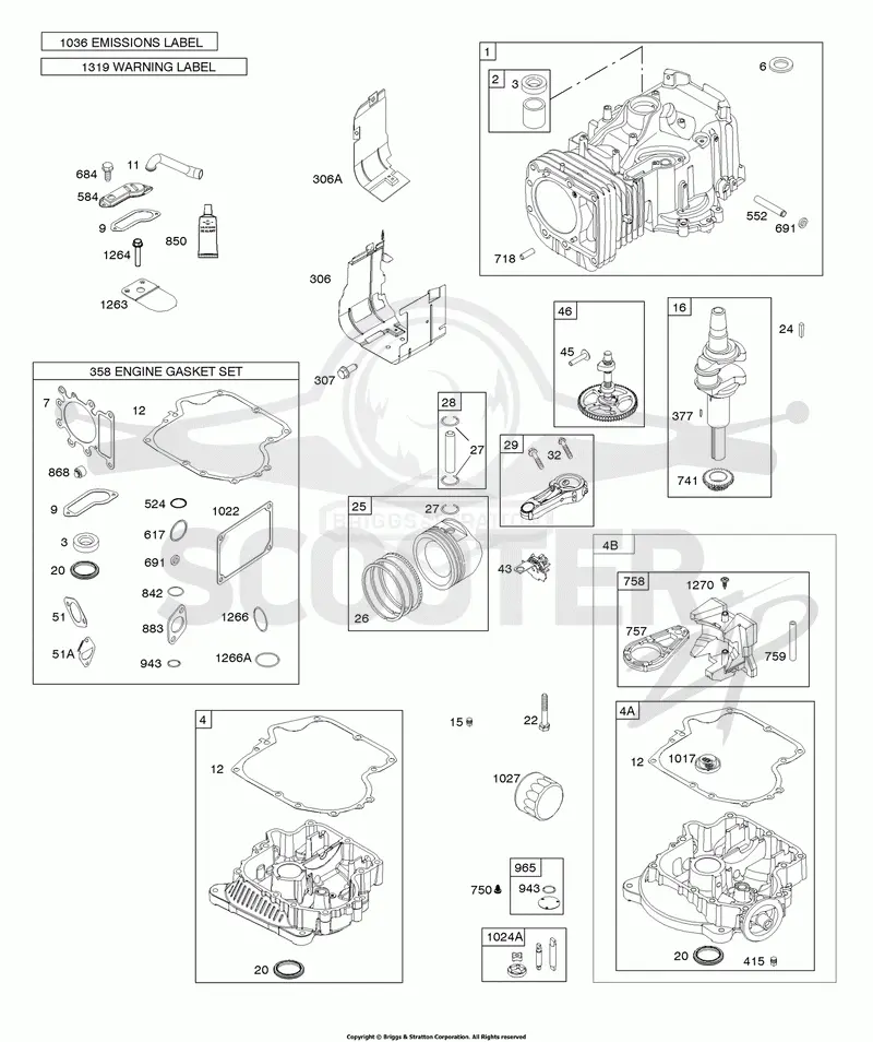 Camshaft, Crankshaft, Counterweight, Cylinder, Engine Sump, Gasket Set - Engine, Operators Manual, Piston, Rings, Connecting Rod, Warning Label