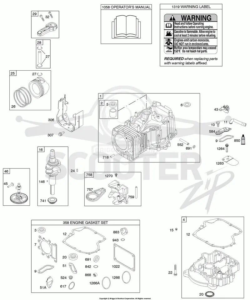 Camshaft, Crankshaft, Cylinder, Engine Sump, Gasket Set - Engine, Operators Manual, Piston, Rings, Connecting Rod, Warning Label