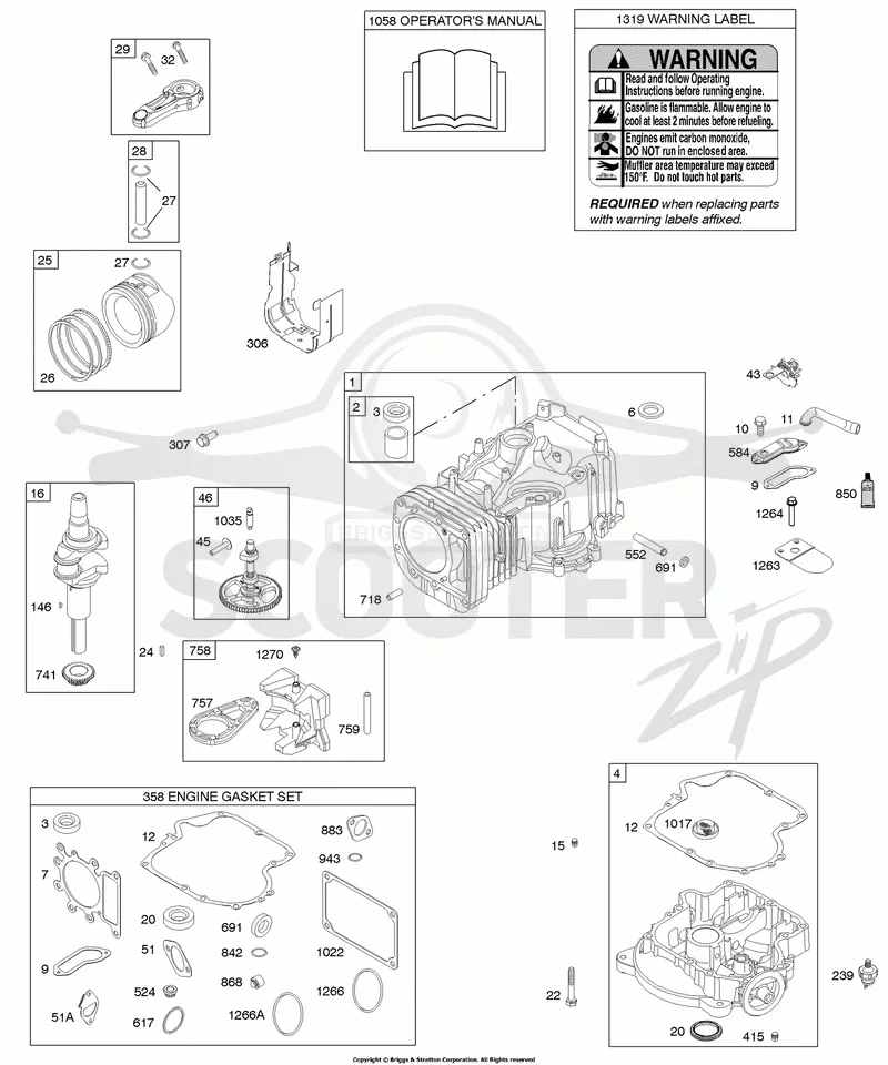 Camshaft, Crankshaft, Cylinder, Engine Sump, Gasket Set - Engine, Operators Manual, Piston, Rings, Connecting Rod, Warning Label