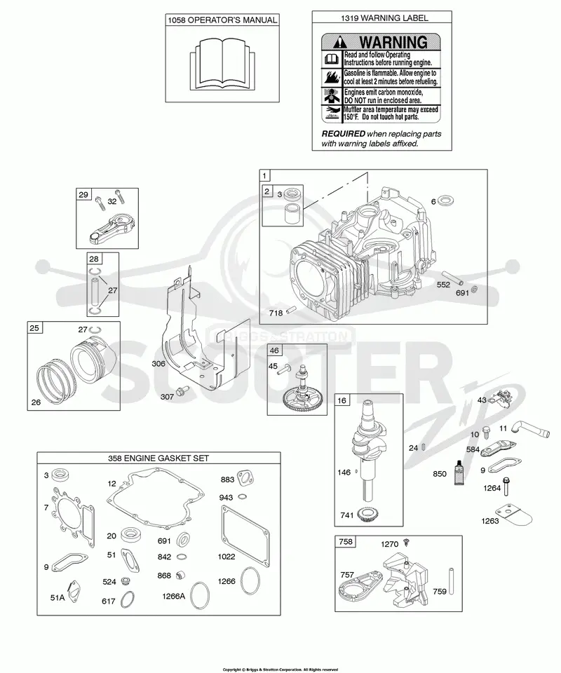 Camshaft, Crankshaft, Cylinder, Operators Manual, Piston, Rings, Connecting Rod, Warning Label