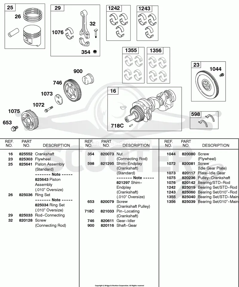 Piston, Rings, Connecting Rod, Crankshaft, Flywheel