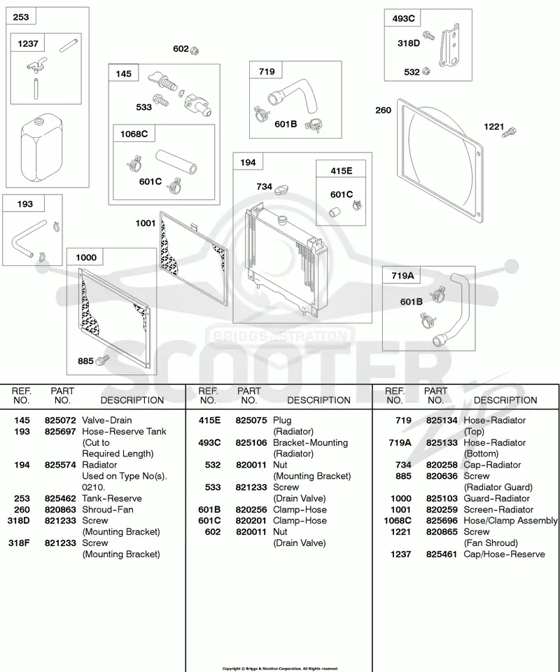 Radiator, Screens, Reserve Tank, Drain Valve