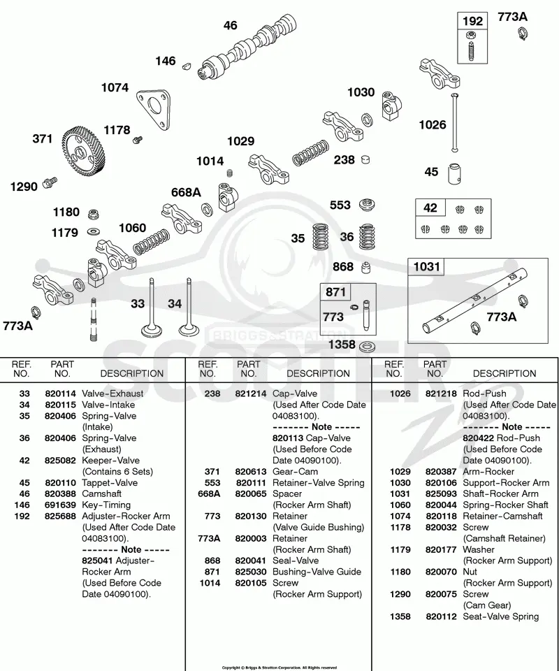 Camshaft, Cam Gear, Valves, Springs, Rocker Arm