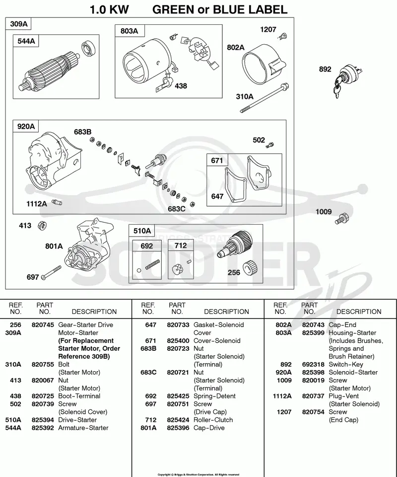Starter Motor, 1.0KW GREEN OR BLUE LABEL