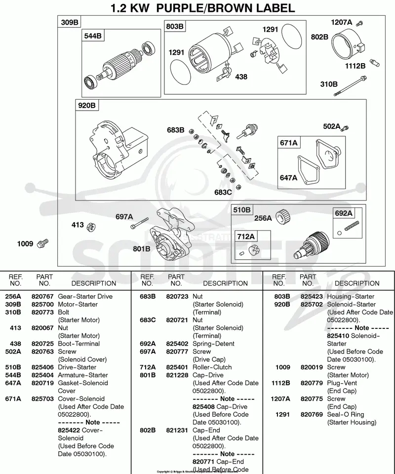 Starter Motor, 1.2 KW Purple or Brown Label