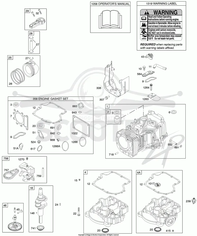 Camshaft, Crankshaft, Cylinder, Engine Sump, Gasket Set - Engine, Operators Manual, Piston, Rings, Connecting Rod, Warning Label