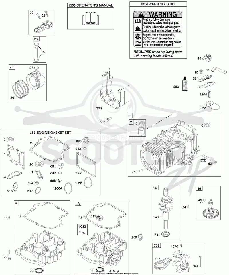 Crankshaft, Cylinder, Engine Sump, Gasket Set - Engine, Operators Manual, Piston, Rings, Connecting Rod, Warning Label
