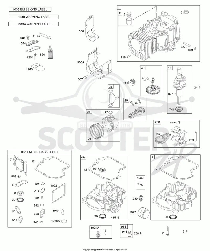 Camshaft, Crankshaft, Cylinder, Engine Sump, Gasket Set - Engine, Operators Manual, Piston, Rings, Connecting Rod, Warning Label