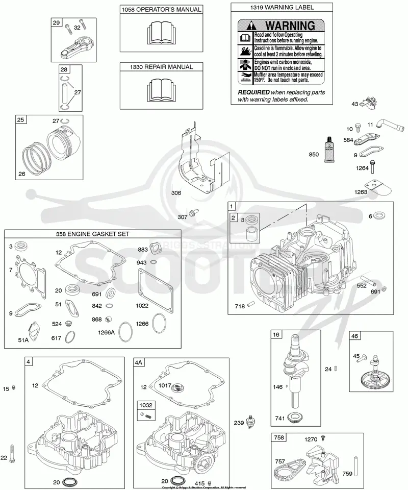 Camshaft, Crankshaft, Cylinder, Engine Sump, Gasket Set - Engine, Operators Manual, Piston, Rings, Connecting Rod, Warning Label