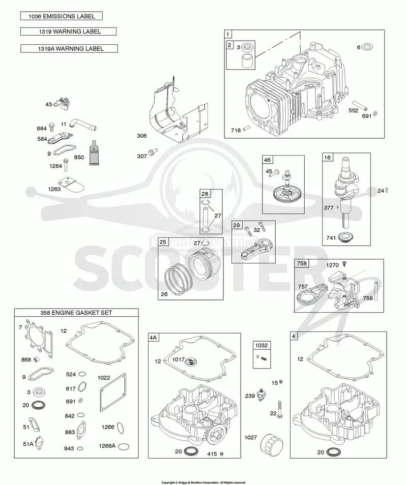 Camshaft, Crankshaft, Cylinder, Engine Sump, Gasket Set - Engine, Operators Manual, Piston, Rings, Connecting Rod, Warning Label