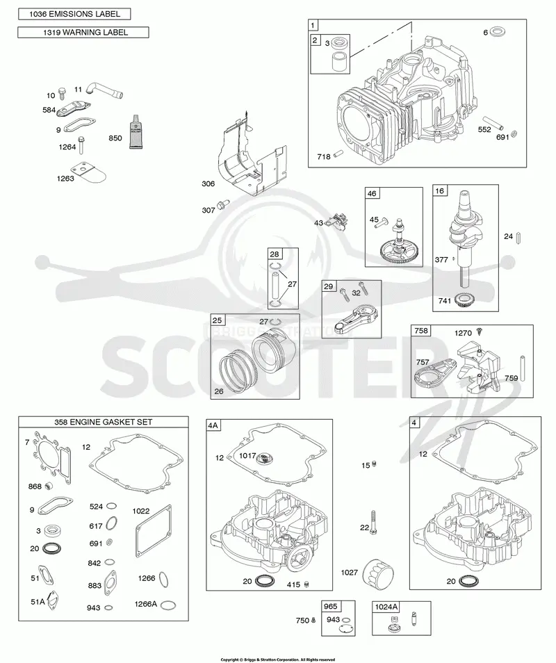 Camshaft, Crankshaft, Cylinder, Engine Sump, Gasket Set - Engine, Operators Manual, Piston, Rings, Connecting Rod, Warning Label