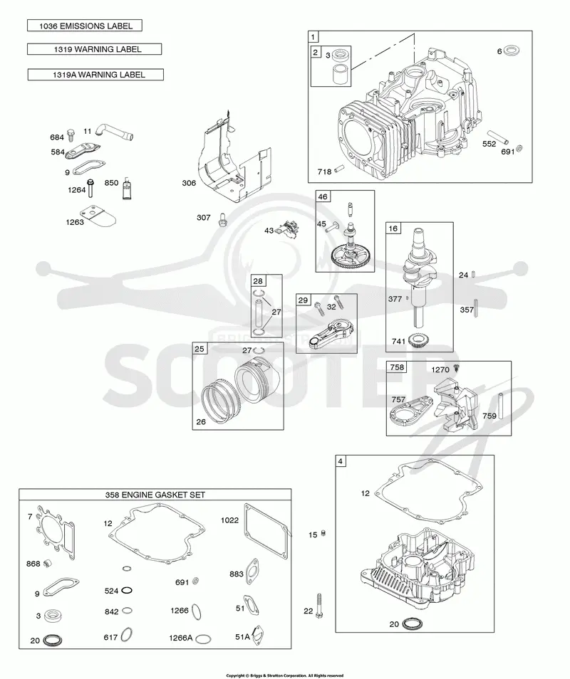 CRANKSHAFT, CYLINDER, ENGINE SUMP, GASKET SET-ENGINE, OPERATORS MANUAL, PISTON, RINGS, CONNECTING ROD, WARNING LABEL