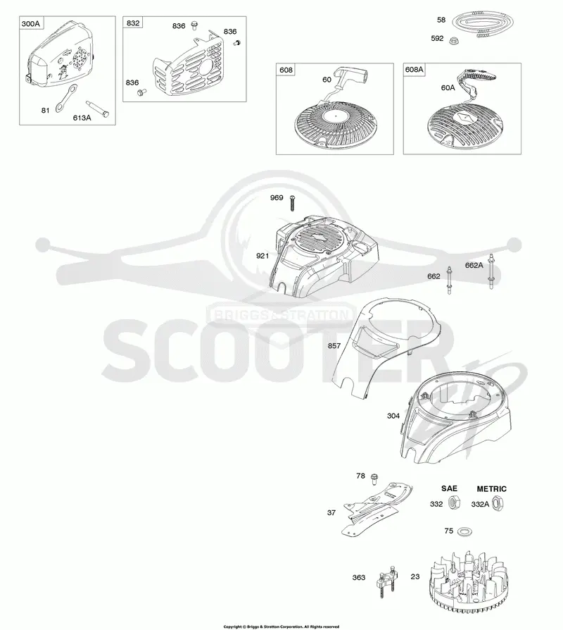 Blower Housing, Exhaust System, Flywheel, Rewind Starter