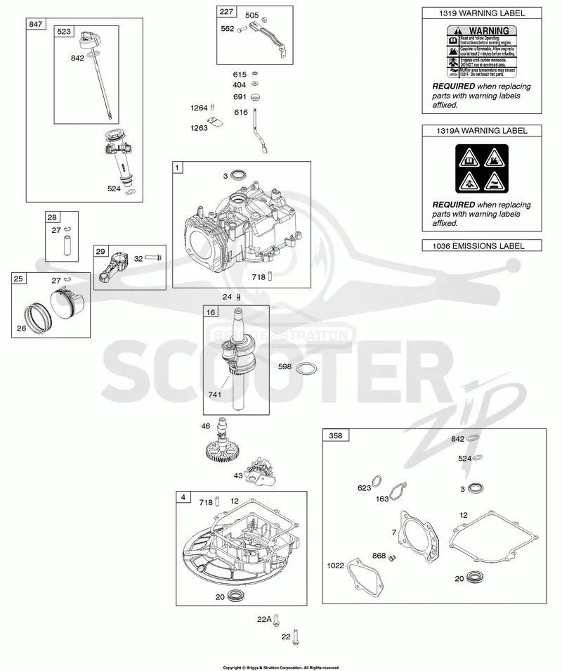 Camshaft, Crankshaft, Cylinder, Gasket Set, Piston/Rings/Connecting Rod, Sump, Warning Label