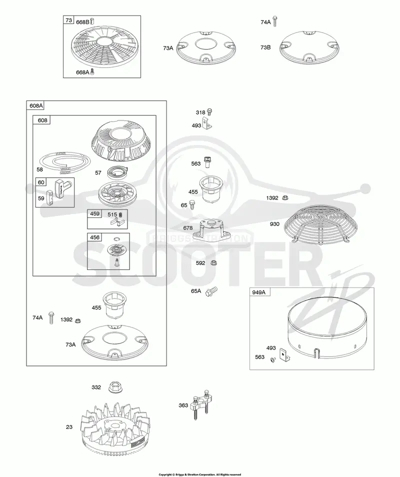 Rewind Starter, Flywheel, Rotating/Debris Screen
