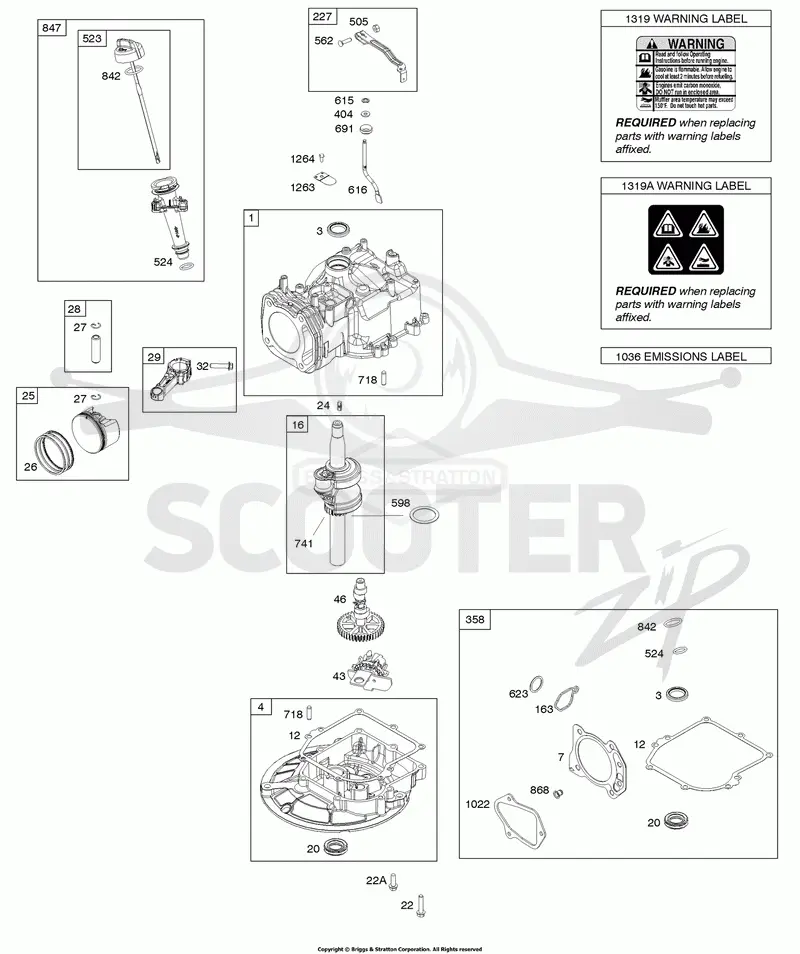 Camshaft, Crankshaft, Cylinder, Gasket Set, Piston/Rings/Connecting Rod, Sump, Warning Label
