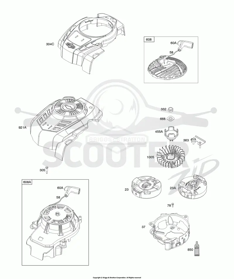 Blower Housing, Flywheel, Rewind Starter