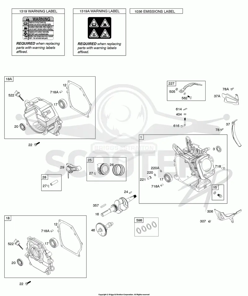Camshaft, Crankcase Cover, Crankshaft, Cylinder, Piston/Rings/Connecting Rod, Warning Label