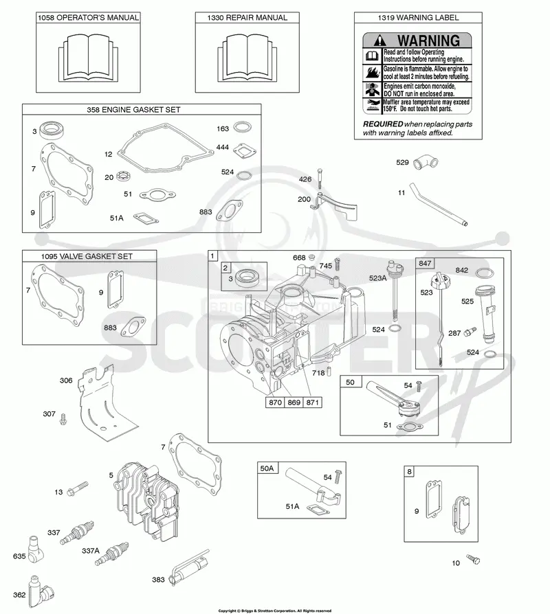Cylinder, Cylinder Head, Gasket Set - Engine, Gasket Set - Valve, Lubrication, Operators Manual, Warning Label