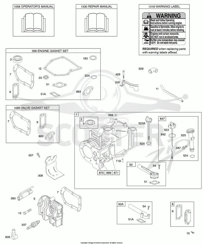 Cylinder, Cylinder Head, Gasket Set - Engine, Gasket Set - Valve, Lubrication, Operators Manual, Warning Label