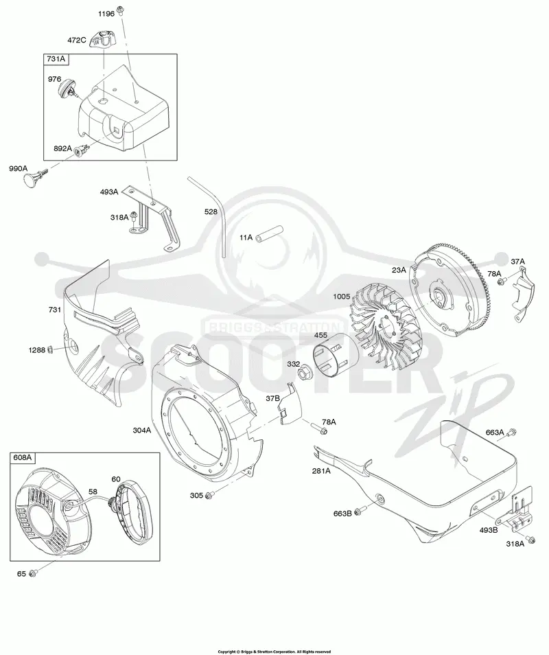 Blower Housing, Flywheel, Rewind Starter, Shrouds