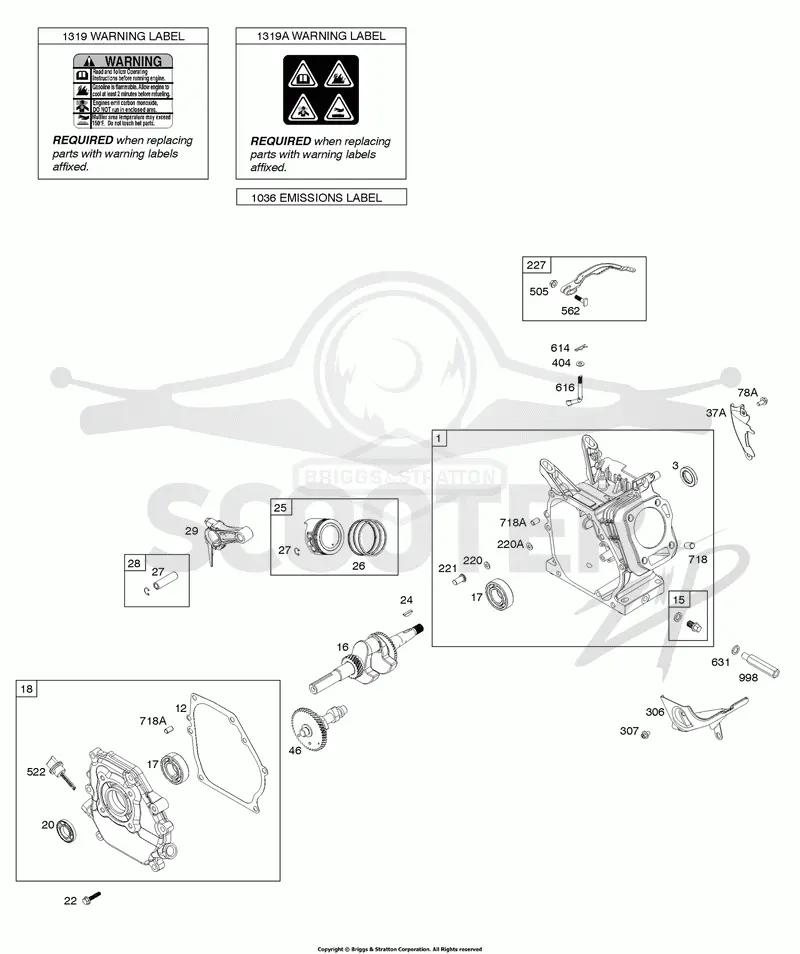 Camshaft, Crankcase Cover, Crankshaft, Cylinder, Operators Manual, Piston/Rings/Connecting Rod, Warning Label