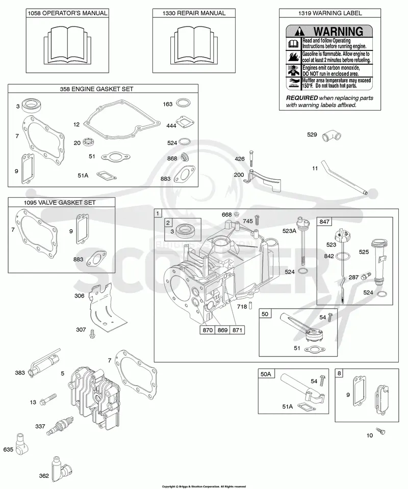 Cylinder, Cylinder Head, Gasket Set - Engine, Gasket Set - Valve, Lubrication, Operators Manual, Warning Label