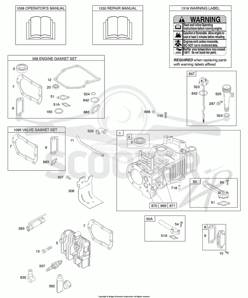 Cylinder, Cylinder Head, Gasket Set - Engine, Gasket Set - Valve, Lubrication, Operators Manual, Warning Label