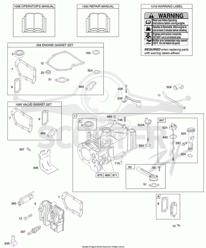 Cylinder, Cylinder Head, Gasket Set - Engine, Gasket Set - Valve, Lubrication, Operators Manual, Warning Label