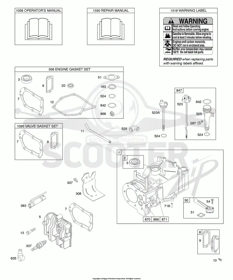 Cylinder, Cylinder Head, Gasket Set - Engine, Gasket Set - Valve, Lubrication, Operators Manual, Warning Label