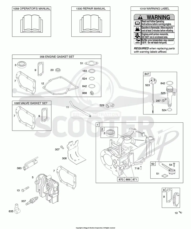 Cylinder, Cylinder Head, Gasket Set - Engine, Gasket Set - Valve, Lubrication, Operators Manual, Warning Label