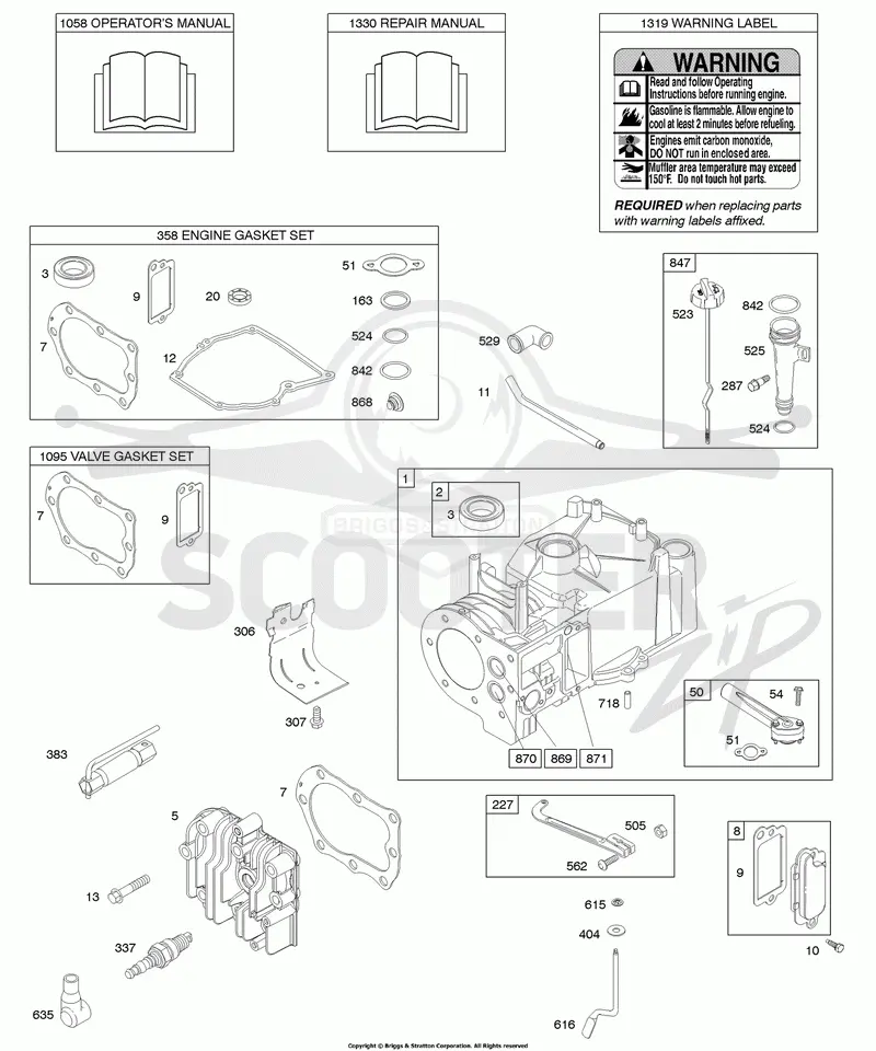Cylinder, Cylinder Head, Gasket Set - Engine, Gasket Set - Valve, Lubrication, Operators Manual, Warning Label