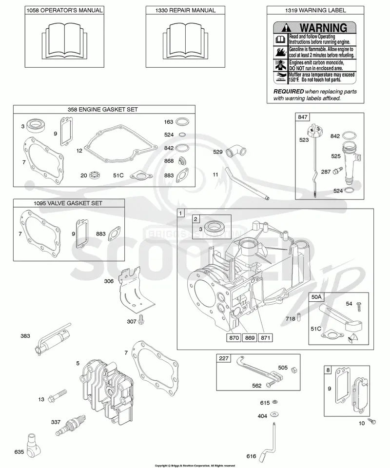 Cylinder, Cylinder Head, Gasket Set - Engine, Gasket Set - Valve, Lubrication, Operators Manual, Warning Label
