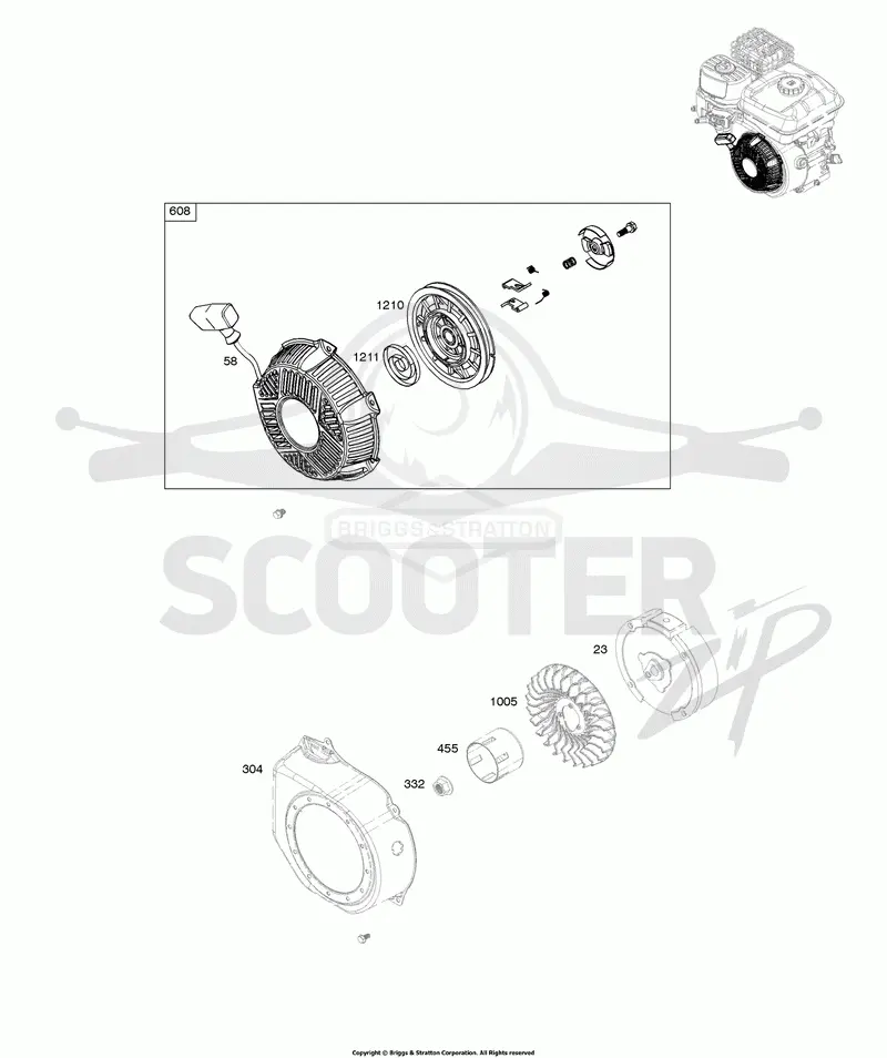 Blower Housing, Flywheel, Rewind Starter