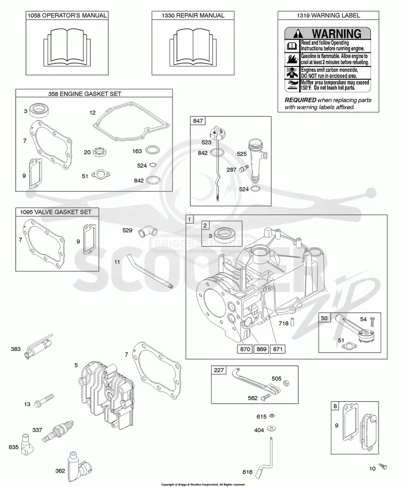 Cylinder, Cylinder Head, Gasket Set - Engine, Gasket Set - Valve, Lubrication, Operators Manual, Warning Label