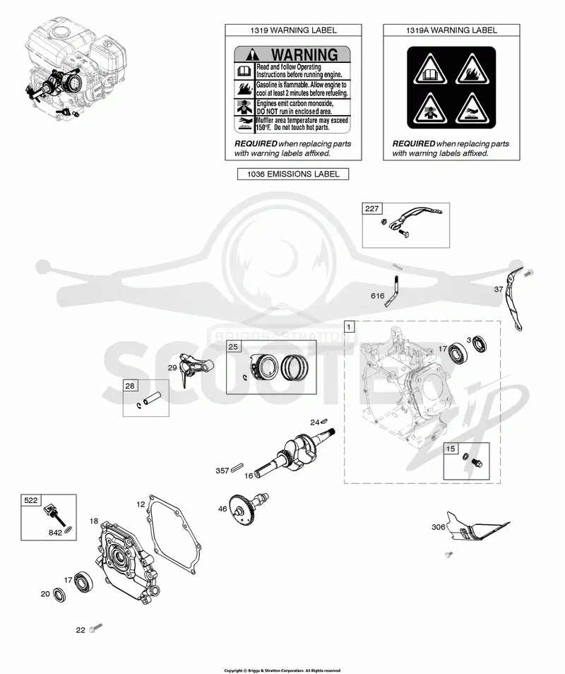 Camshaft, Crankcase Cover, Crankshaft, Cylinder, Piston/Rings/Connecting Rod, Warning Label