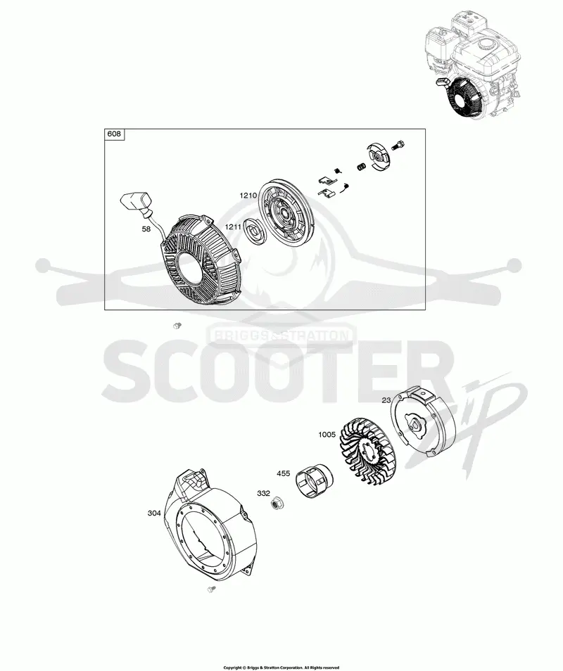 Blower Housing, Flywheel, Rewind Starter