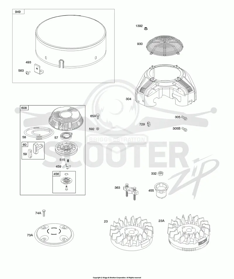 Rewind Starter, Blower Housing, Flywheel
