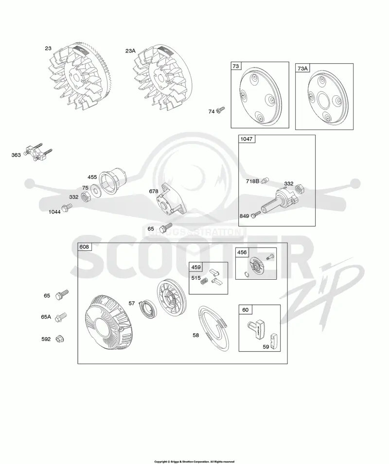 Flywheel, Rotating Screen, Stub Shaft, Rewind Starter