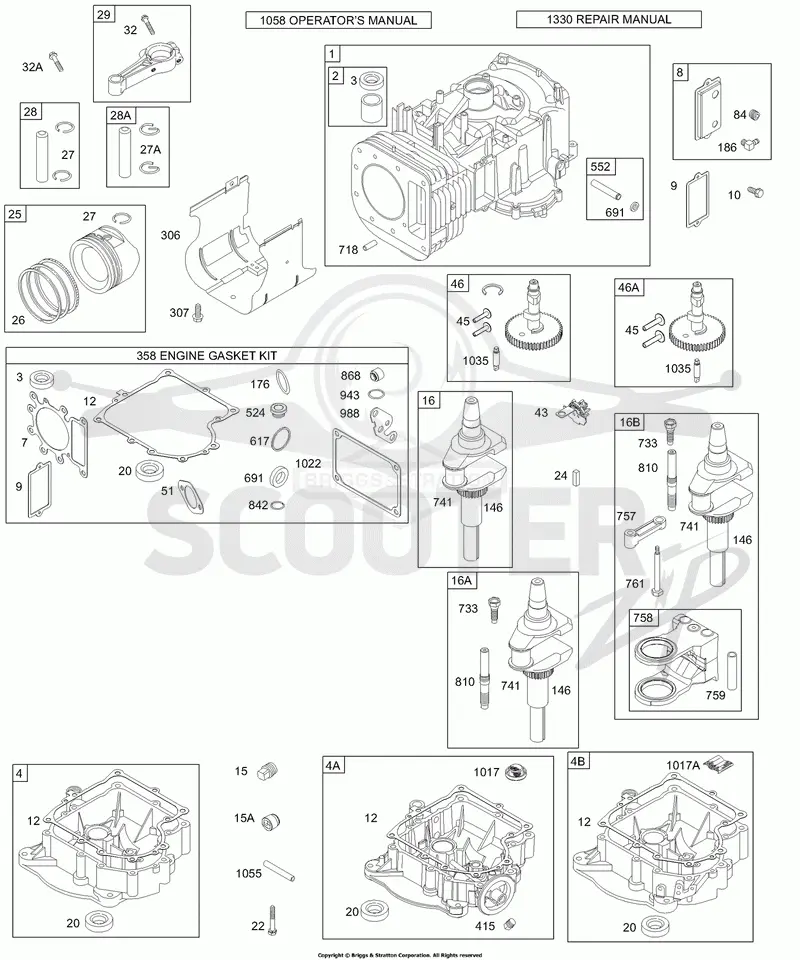 Cylinder, Piston/Ring, Crankshaft, Sump, Kits