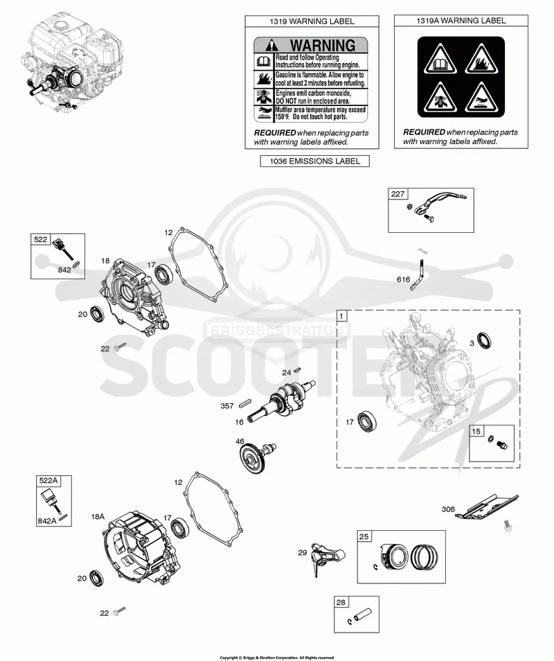 Camshaft, Crankcase Cover, Crankshaft, Cylinder, Piston/Rings/Connecting Rod, Warning Label
