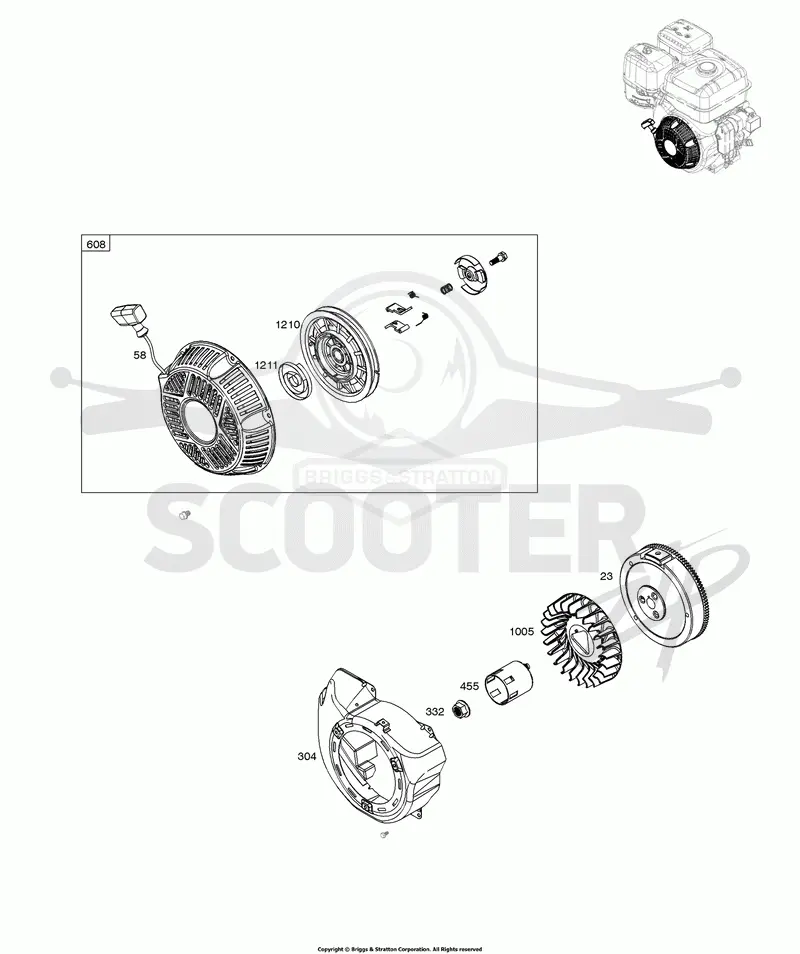 Blower Housing, Flywheel, Rewind Starter