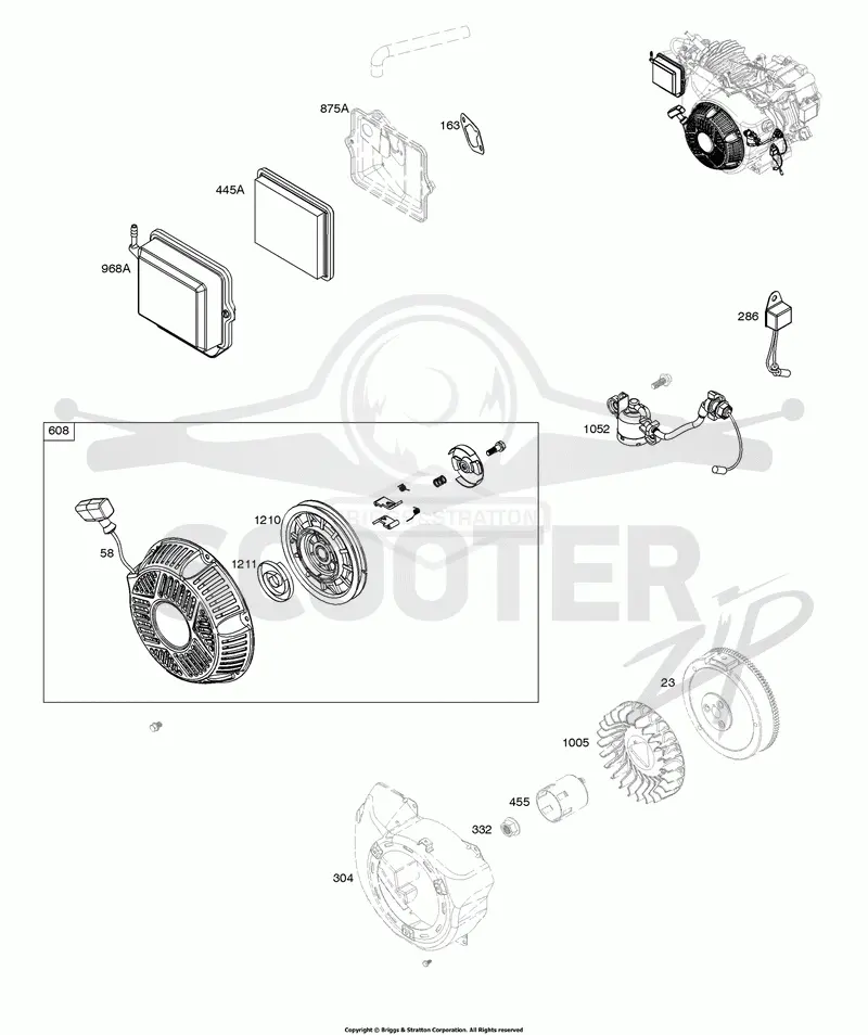 Air Cleaner, Oil Sensing, Blower Housing, Flywheel, Rewind Starter