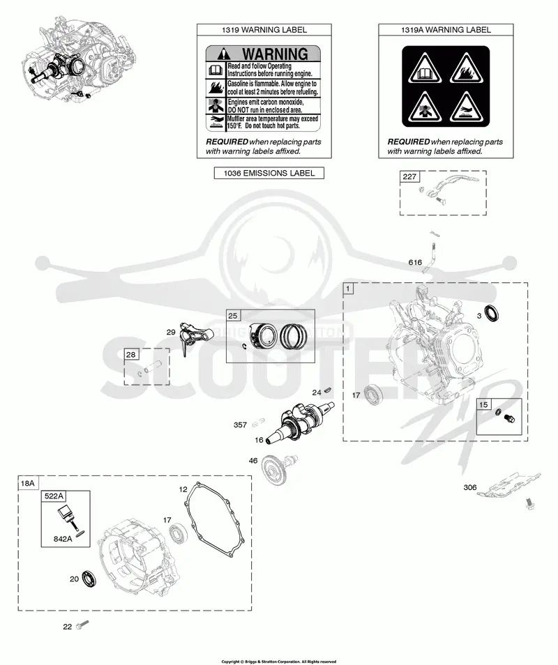 Camshaft, Crankcase Cover, Crankshaft, Cylinder, Piston/Rings/Connecting Rod, Warning Label